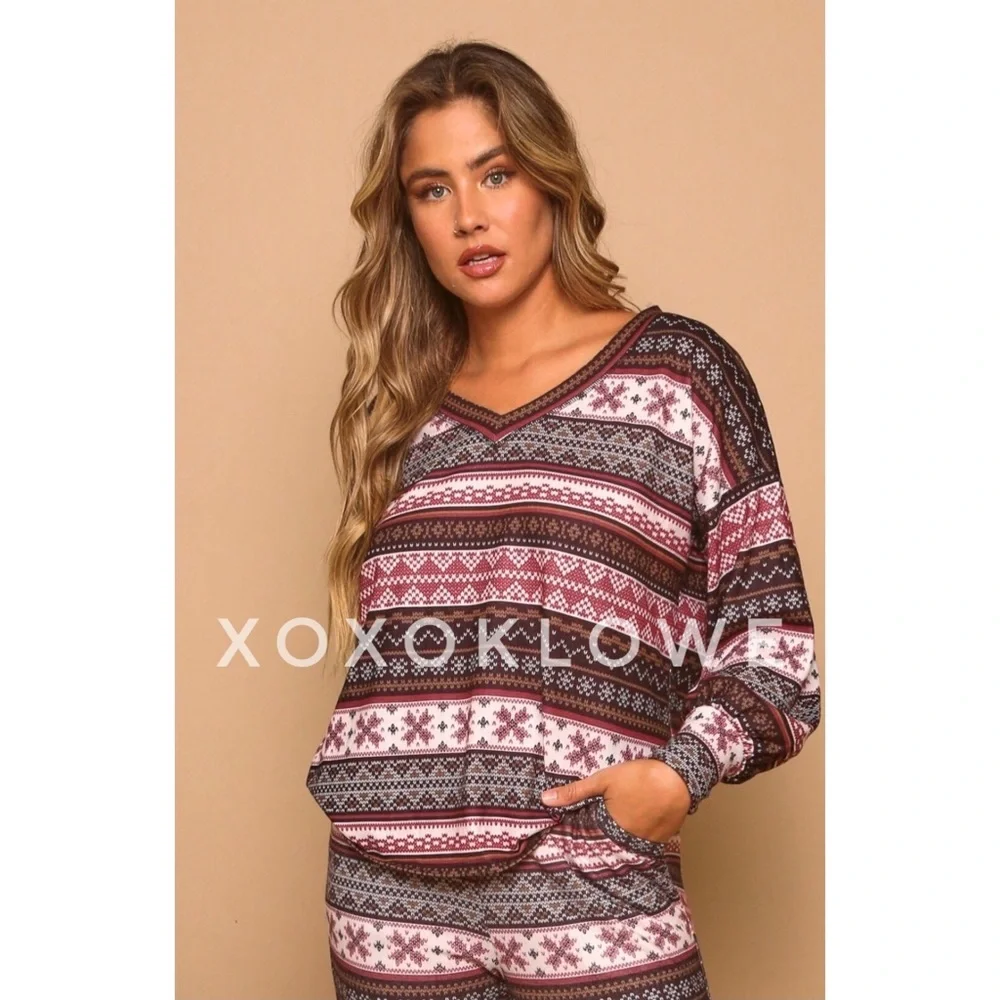 Peach Love Burgundy Faire Isle Pajama Set | Soft Knit Loungewear - Picture 9 of 10